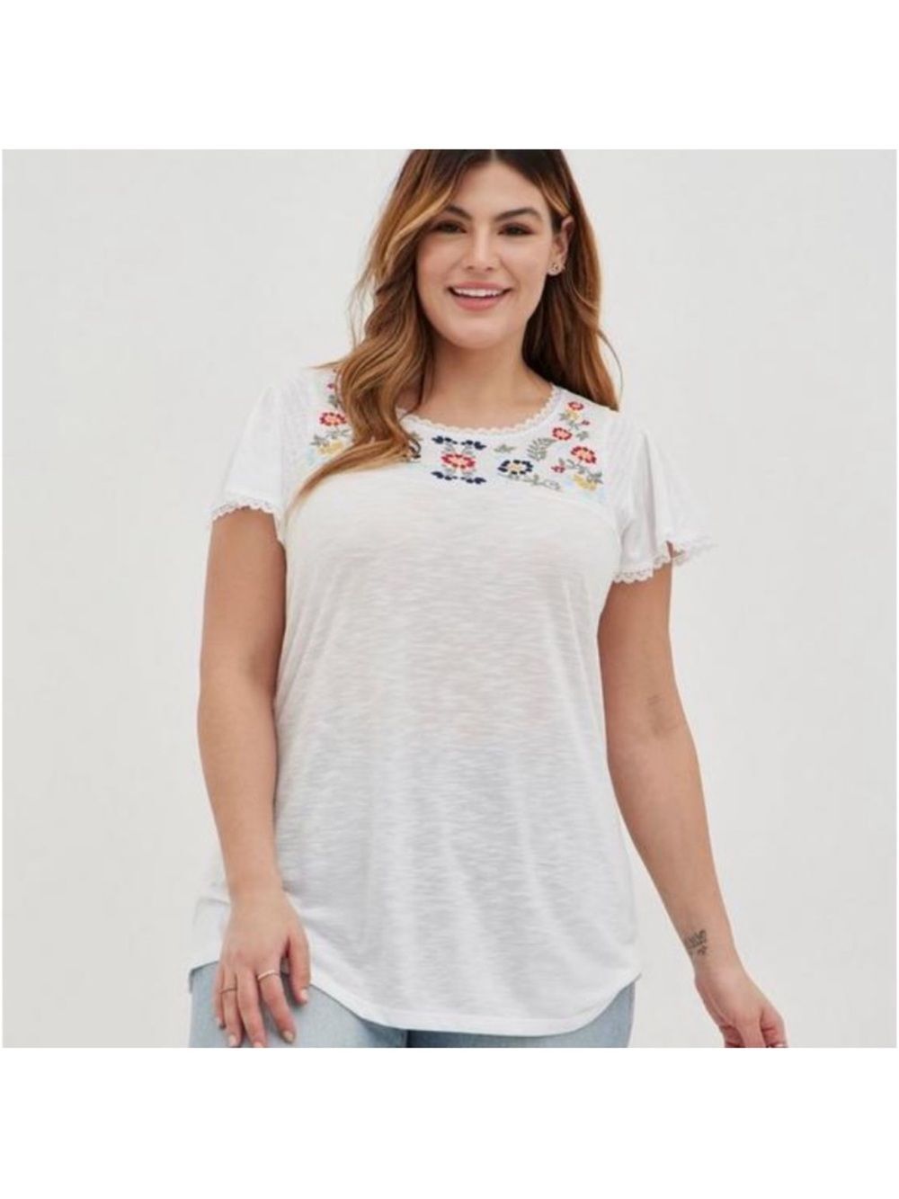 Torrid White Floral Embroidered Bohemian Lace Trim Top Cottagecore Coquette